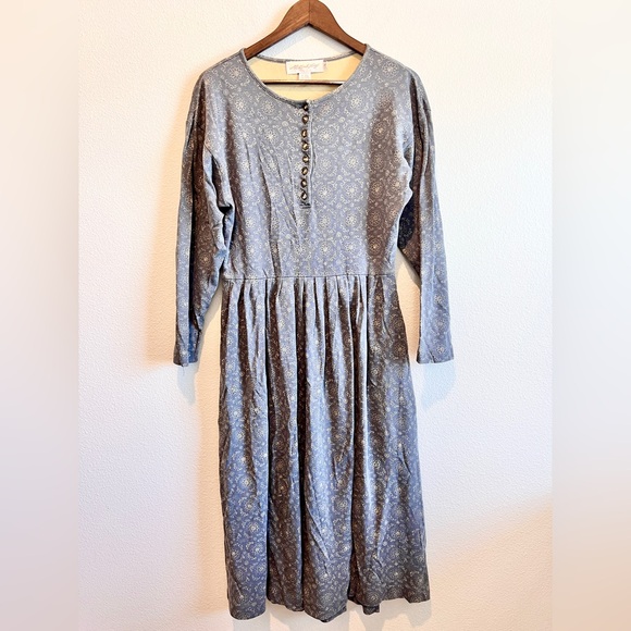Vintage All Week Long Maxi Dress M Gray Beige Floral Long Sleeve Modest Prairie - Picture 1 of 9